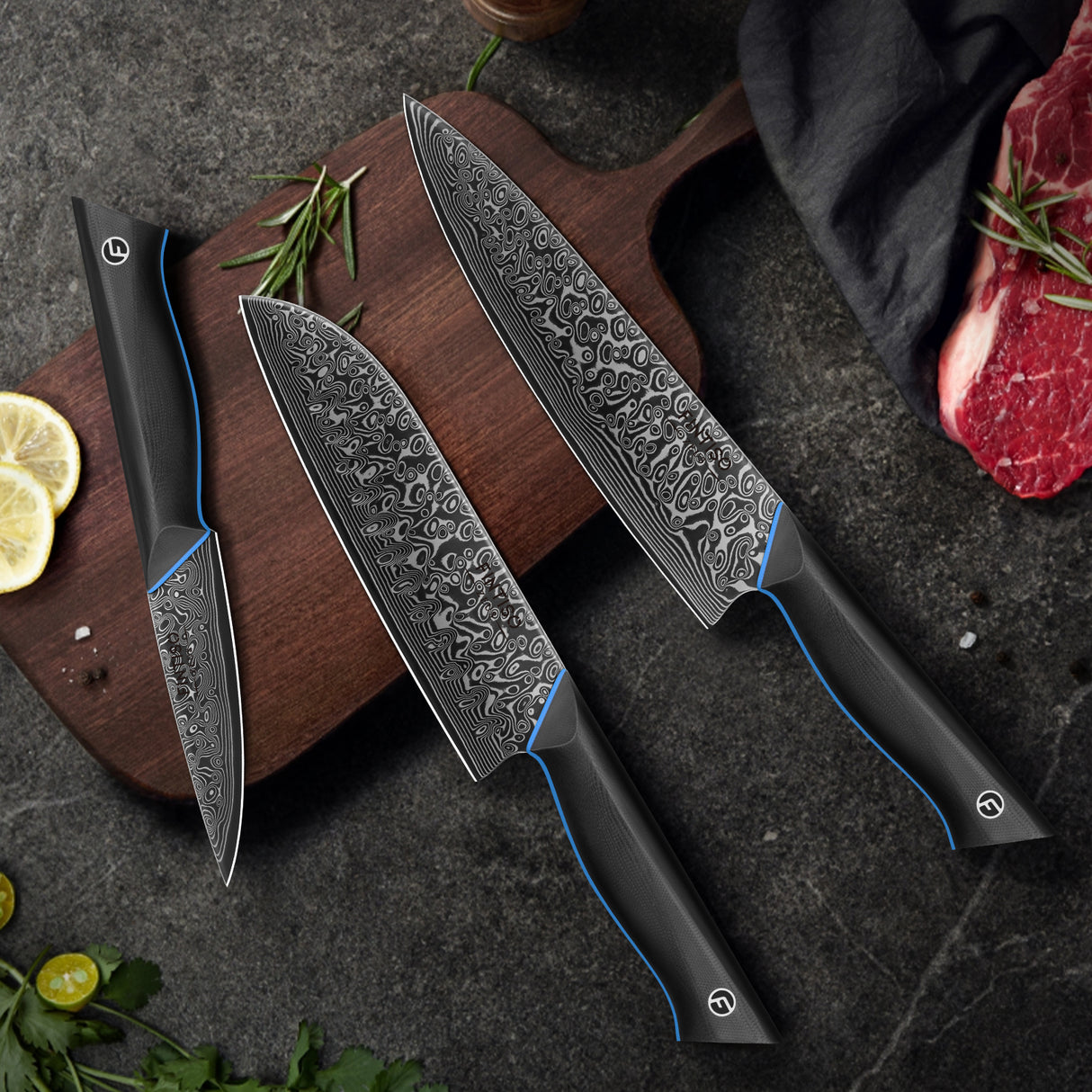 FINTISO ZEUS 3 Pcs Kitchen Knife Set, 67-Layer Japanese Damascus Steel
